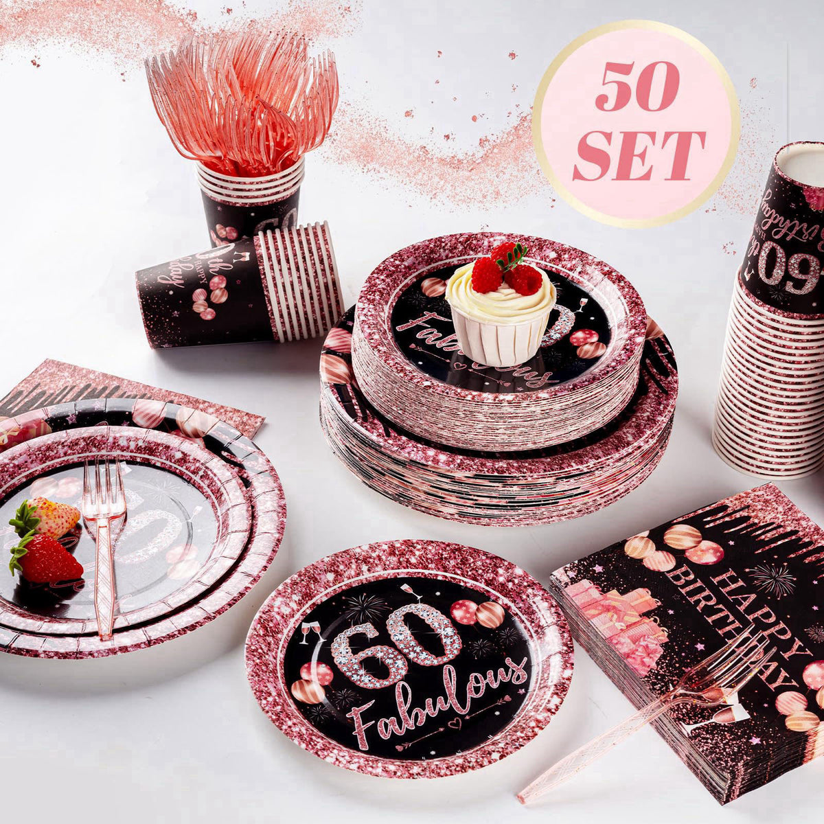 Yaniio 250PCS 60th Birthday Party Decorations for 50 Guests Black and Rose Gold Party Supplies for Women Include Disposa