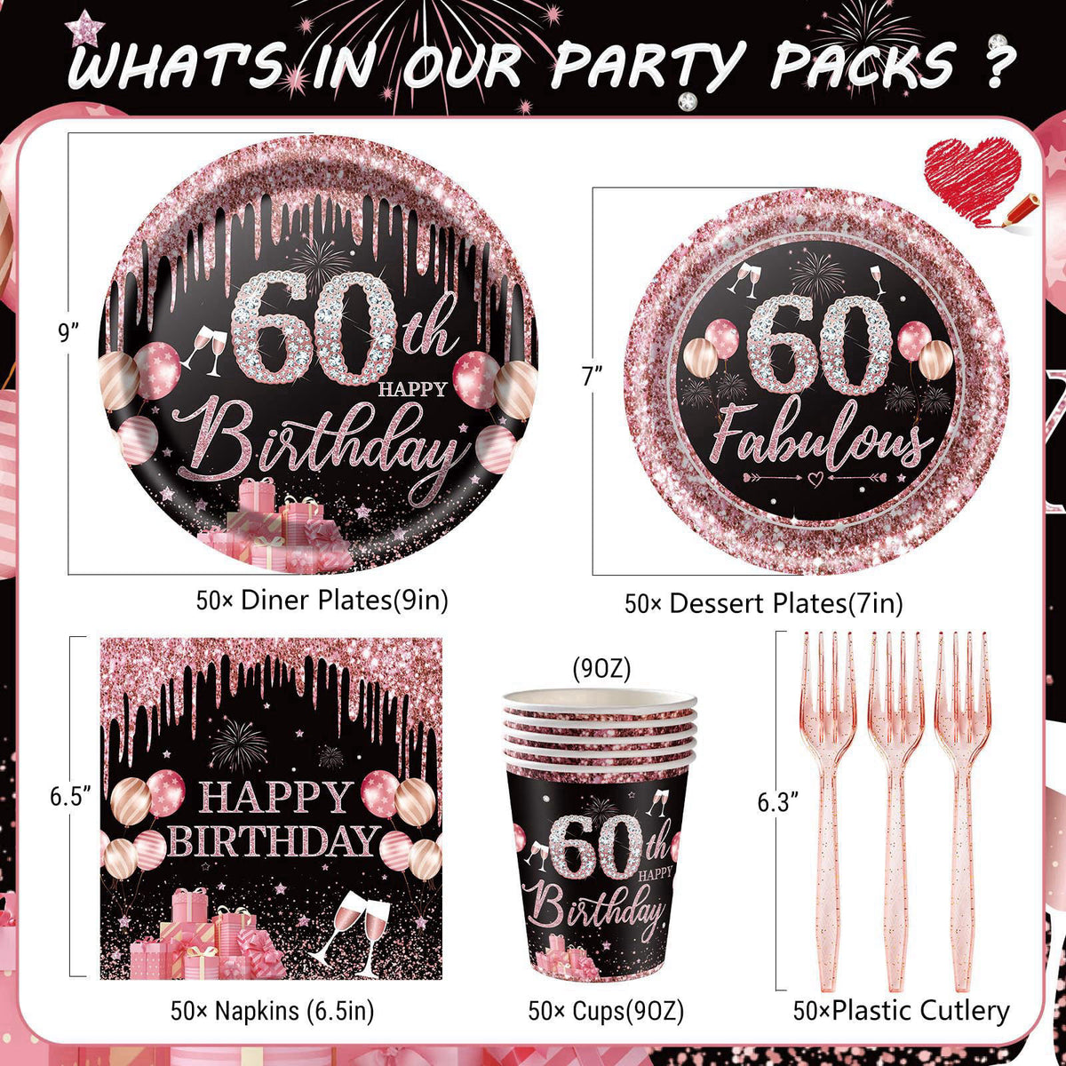 Yaniio 250PCS 60th Birthday Party Decorations for 50 Guests Black and Rose Gold Party Supplies for Women Include Disposa