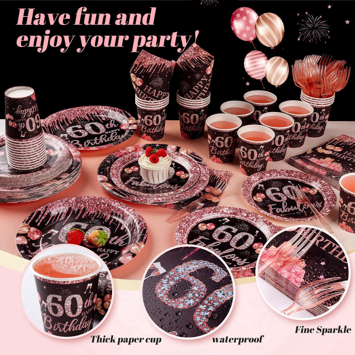 Yaniio 250PCS 60th Birthday Party Decorations for 50 Guests Black and Rose Gold Party Supplies for Women Include Disposa