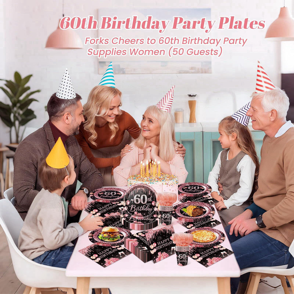 Yaniio 250PCS 60th Birthday Party Decorations for 50 Guests Black and Rose Gold Party Supplies for Women Include Disposa