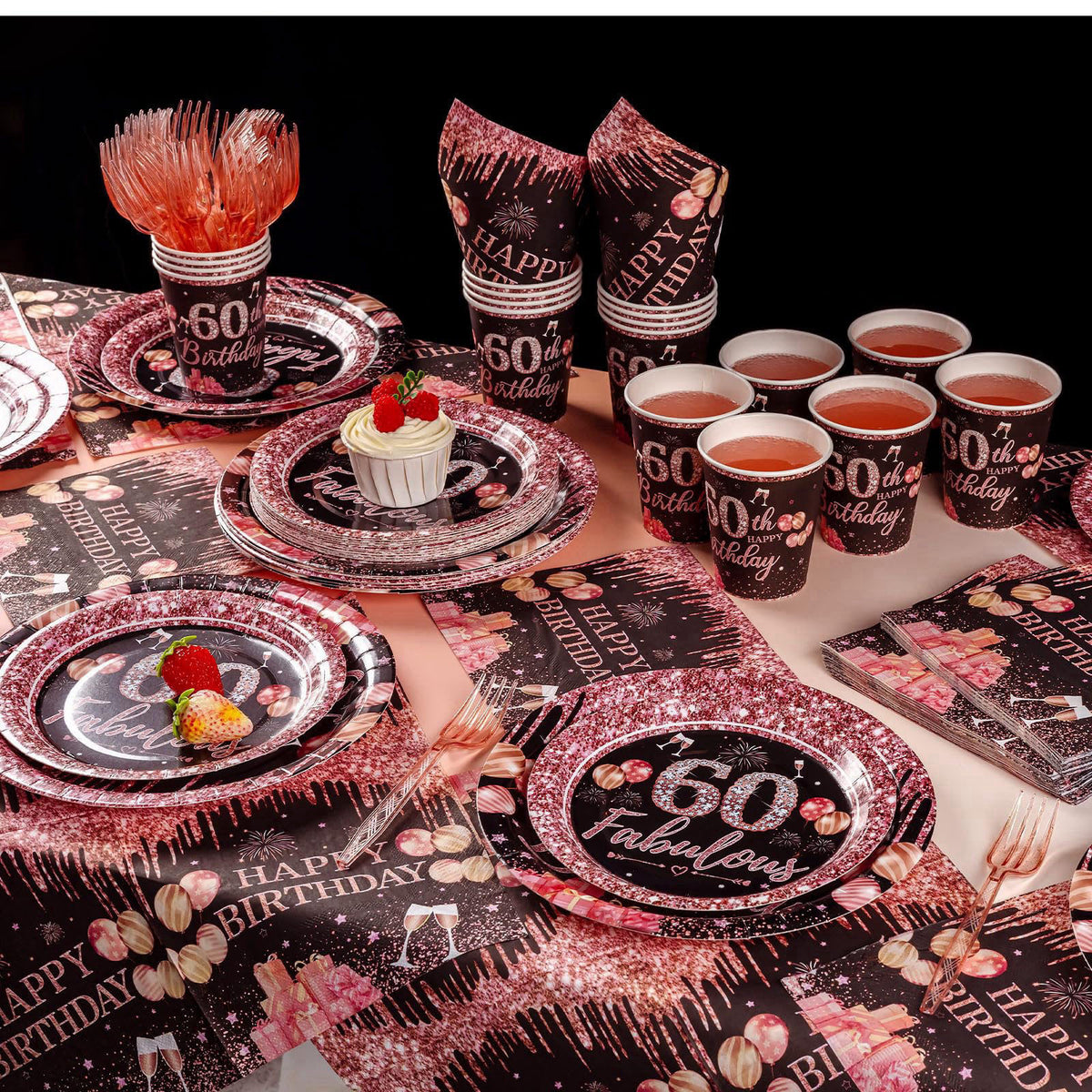 Yaniio 250PCS 60th Birthday Party Decorations for 50 Guests Black and Rose Gold Party Supplies for Women Include Disposa