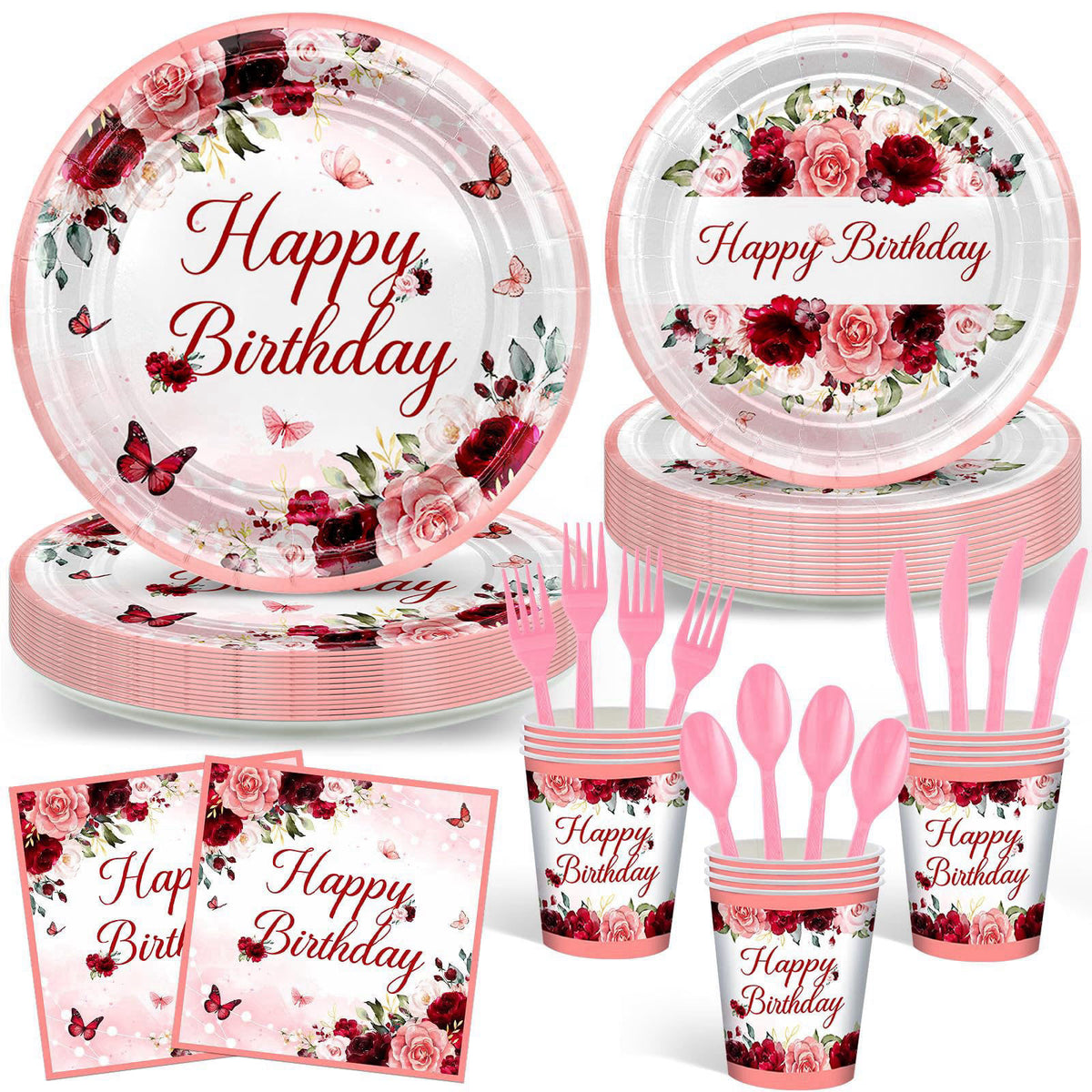 Avezano 168 PCS Burgundy Birthday Party Decorations Rose Gold Floral Birthday Tableware Set Floral Plates Napkins Suppli