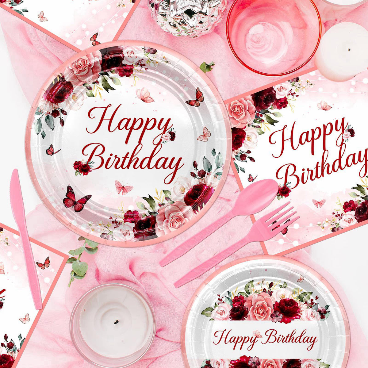 Avezano 168 PCS Burgundy Birthday Party Decorations Rose Gold Floral Birthday Tableware Set Floral Plates Napkins Suppli