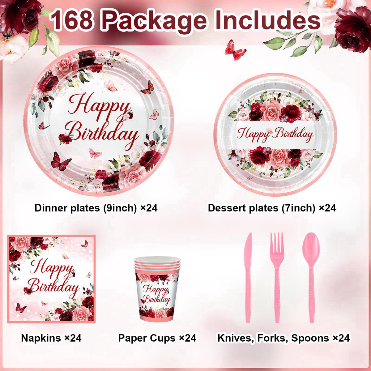 Avezano 168 PCS Burgundy Birthday Party Decorations Rose Gold Floral Birthday Tableware Set Floral Plates Napkins Suppli