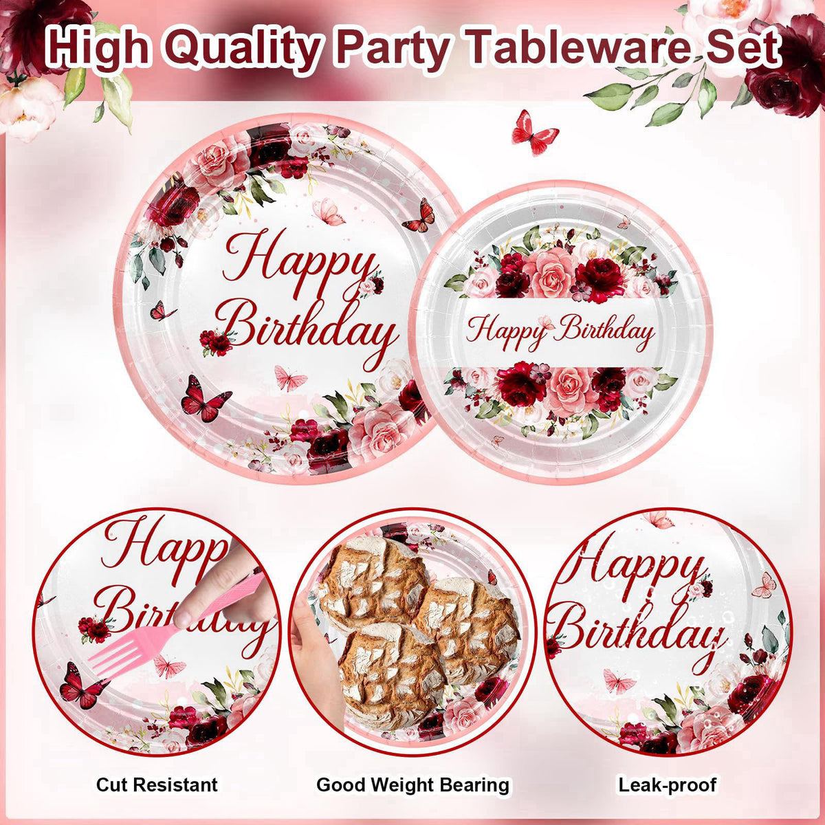 Avezano 168 PCS Burgundy Birthday Party Decorations Rose Gold Floral Birthday Tableware Set Floral Plates Napkins Suppli