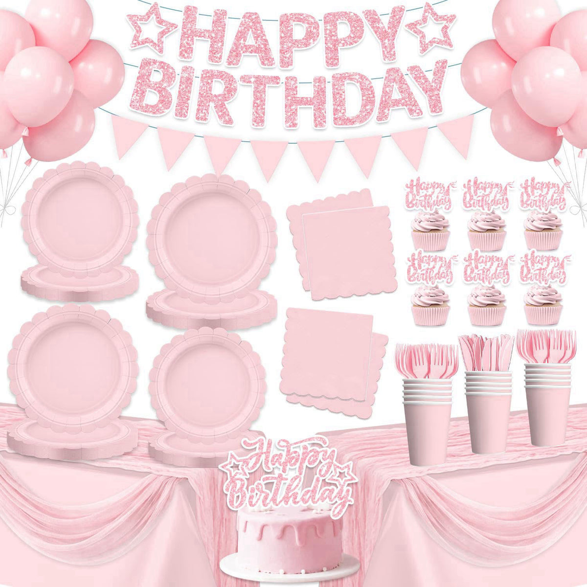 Yingoto 196Pcs Pink Birthday Party Decorations Tableware Set, Serves 25 – product photo (Plates)
