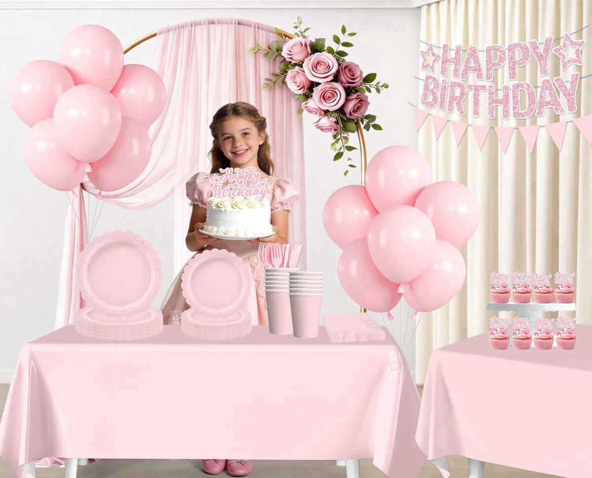 Yingoto 196Pcs Pink Birthday Party Decorations Tableware Set, Serves 25 – packaging and label