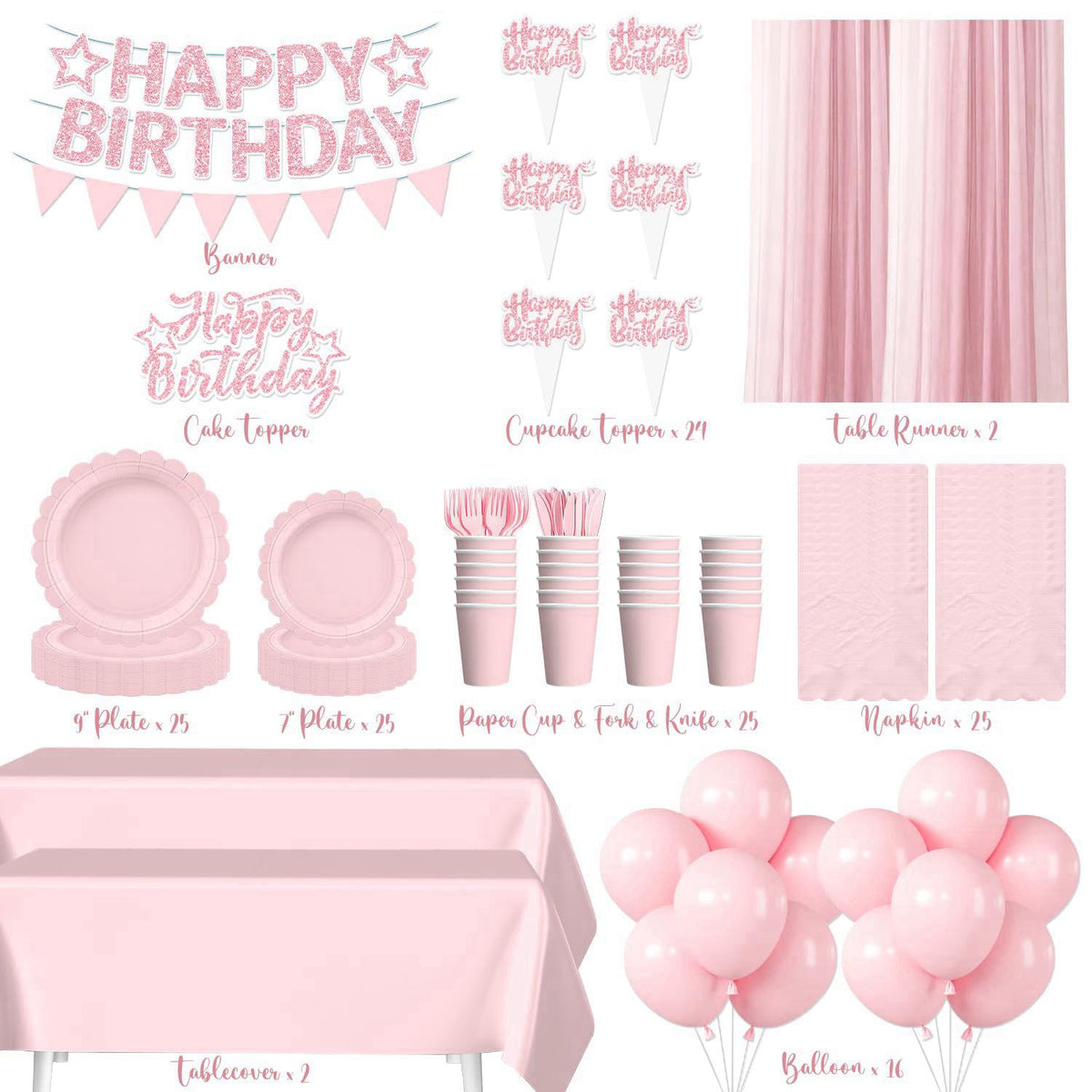 Yingoto 196Pcs Pink Birthday Party Decorations Tableware Set, Serves 25 – full view