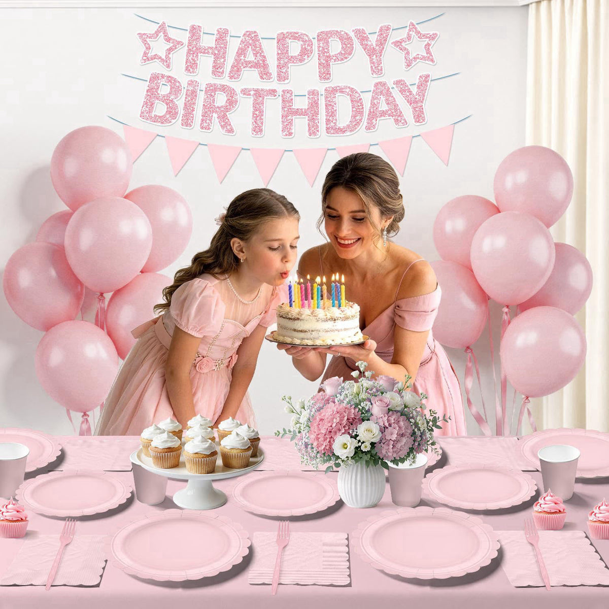Yingoto 196Pcs Pink Birthday Party Decorations Tableware Set, Serves 25 – back view and specifications