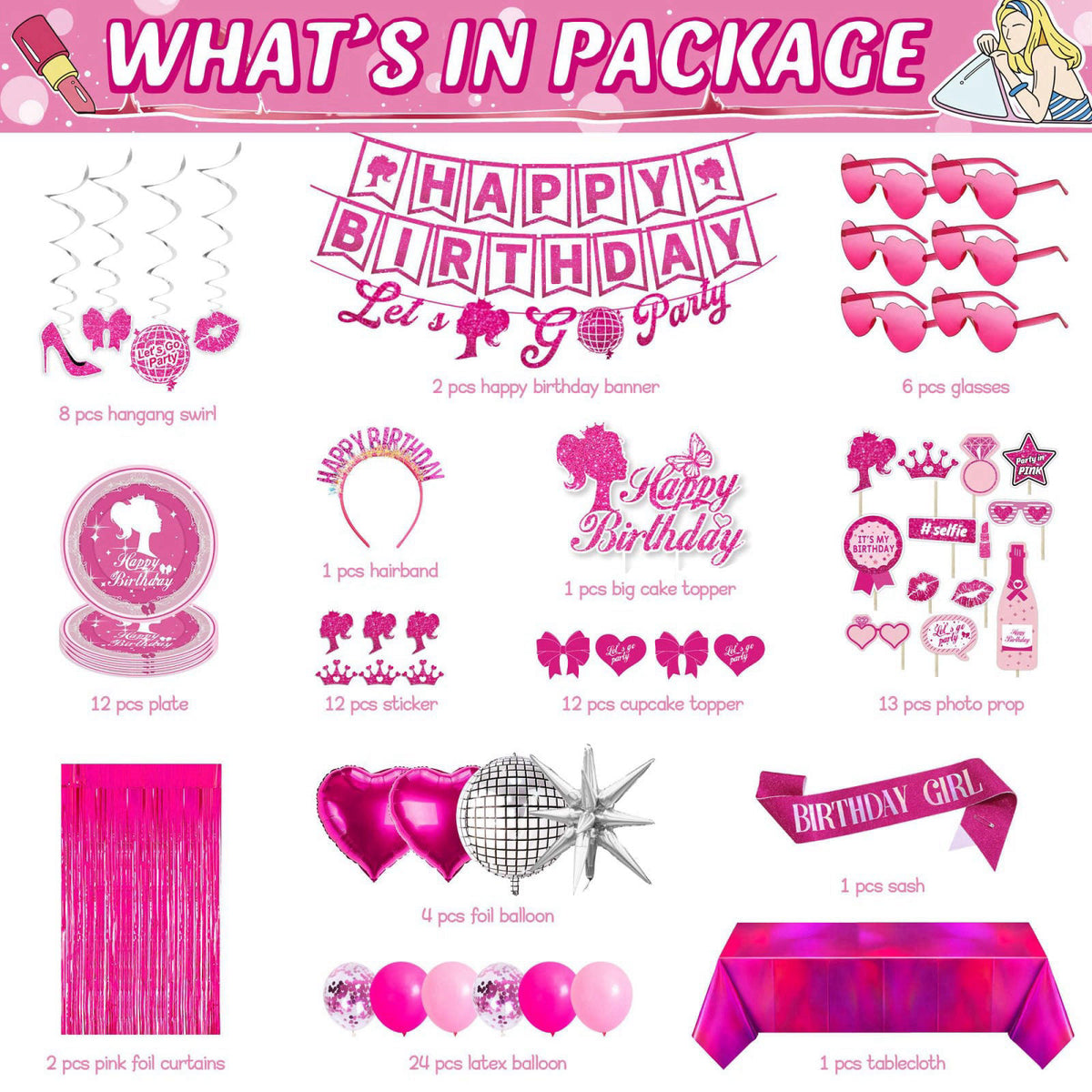 JOLJUMP 99-Piece Hot Pink Birthday Party Decorations for Women – packaging and label