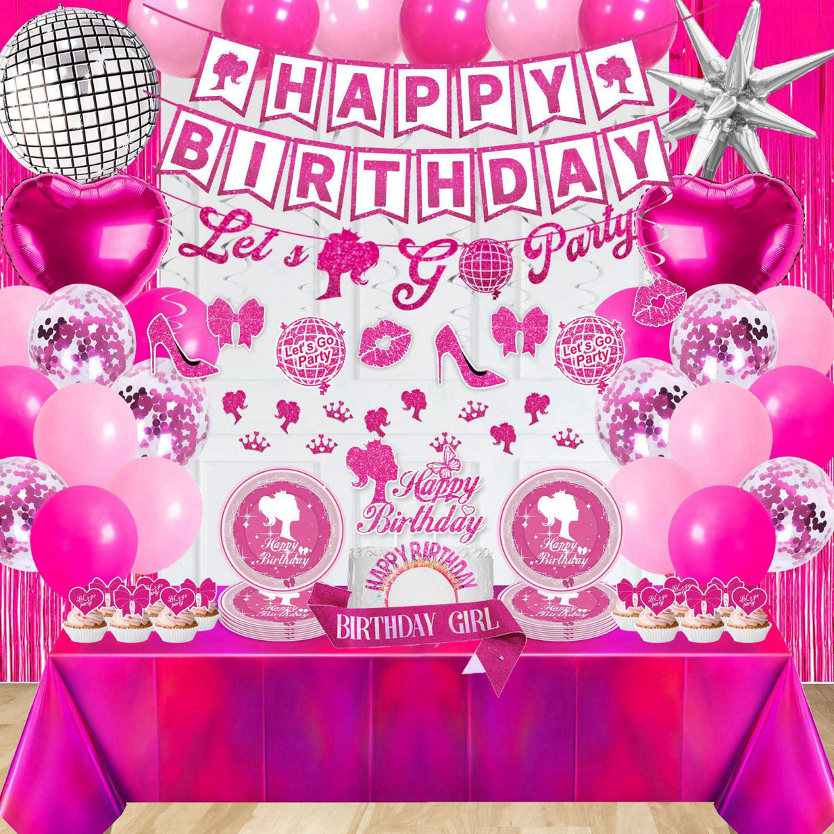 JOLJUMP 99-Piece Hot Pink Birthday Party Decorations for Women – full view