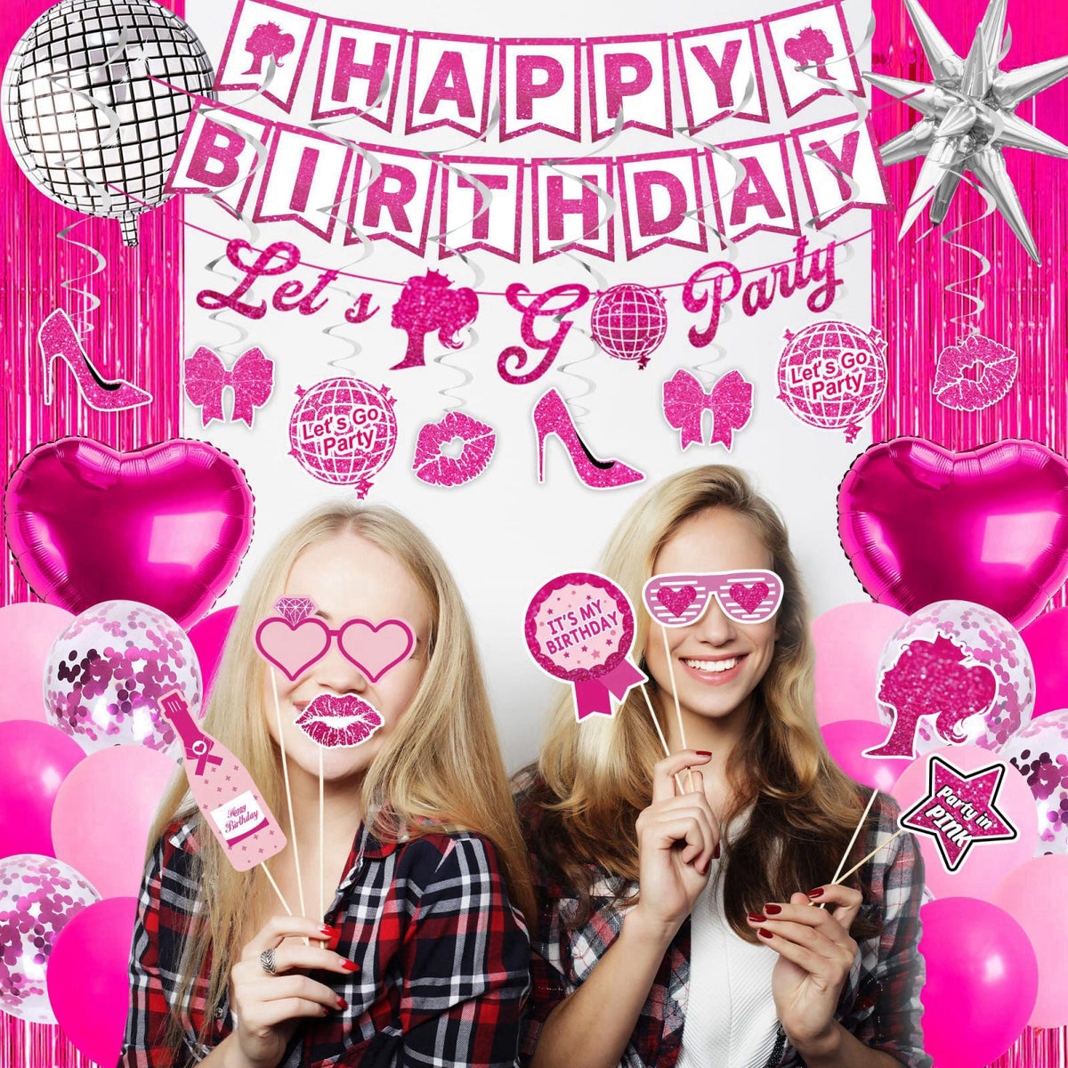 JOLJUMP 99-Piece Hot Pink Birthday Party Decorations for Women – back view and specifications
