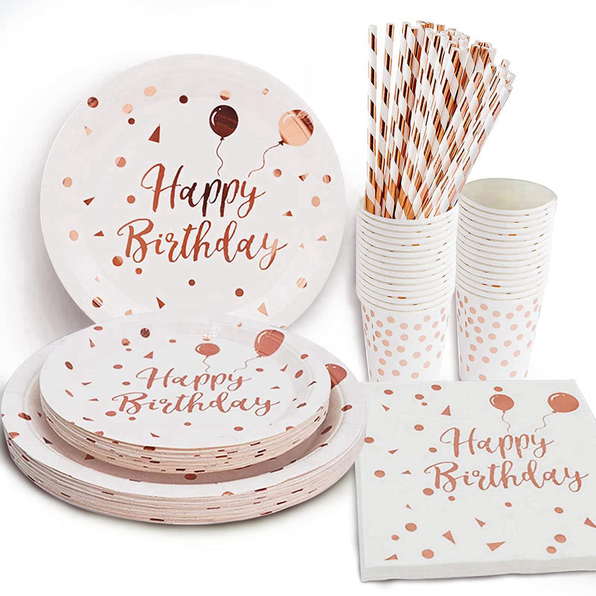 LIUGUSUN White & Rose Gold Party Supplies - Rose Gold Dots Happy Birthday Paper Plates and Napkins, Cups and Straws, Bir