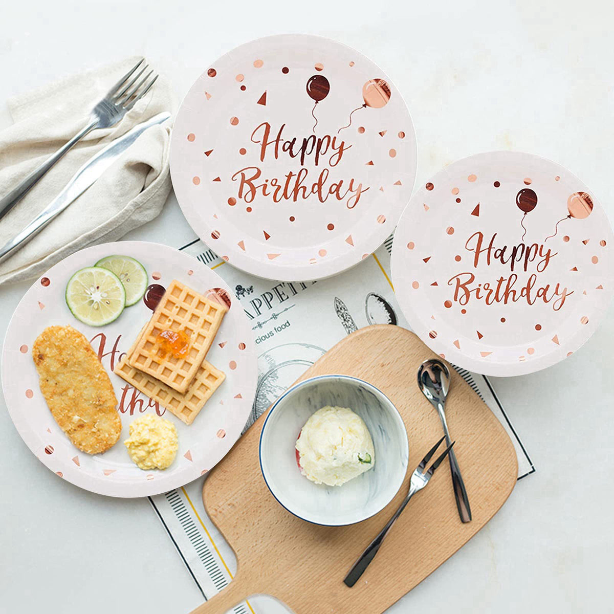 LIUGUSUN White & Rose Gold Party Supplies - Rose Gold Dots Happy Birthday Paper Plates and Napkins, Cups and Straws, Bir