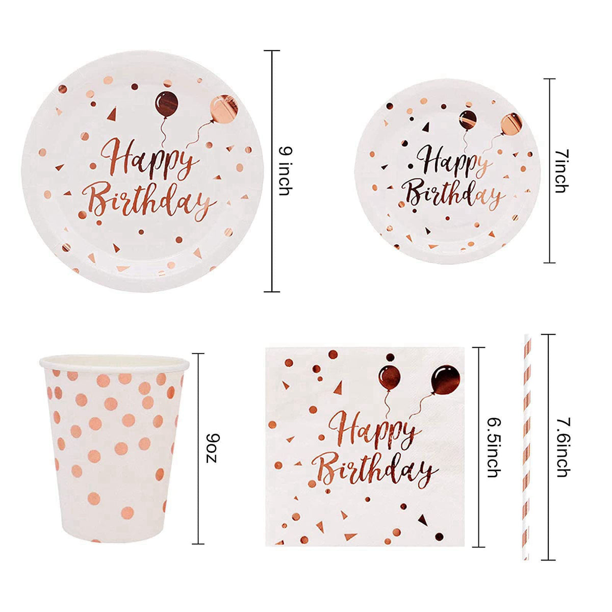 LIUGUSUN White & Rose Gold Party Supplies - Rose Gold Dots Happy Birthday Paper Plates and Napkins, Cups and Straws, Bir
