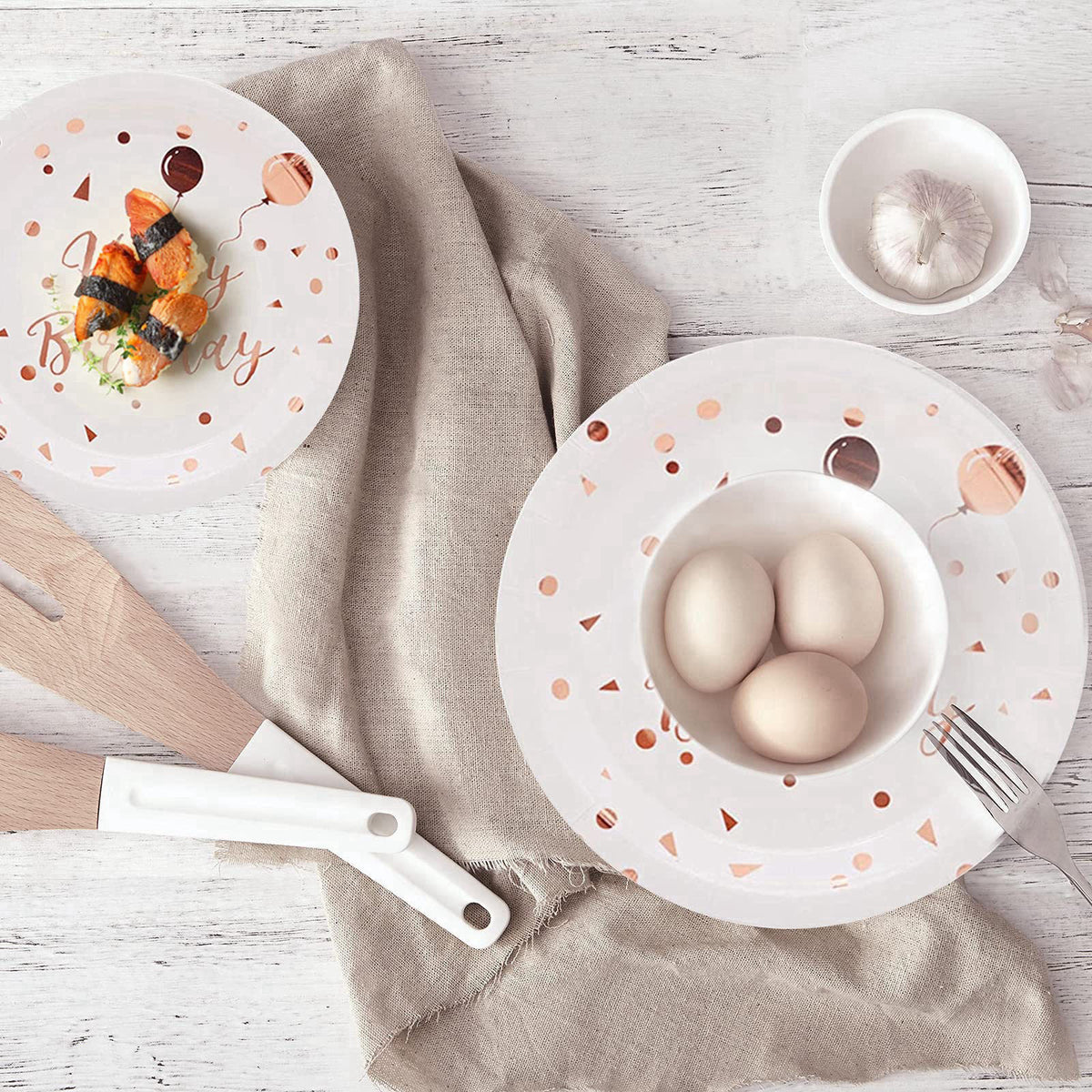 LIUGUSUN White & Rose Gold Party Supplies - Rose Gold Dots Happy Birthday Paper Plates and Napkins, Cups and Straws, Bir