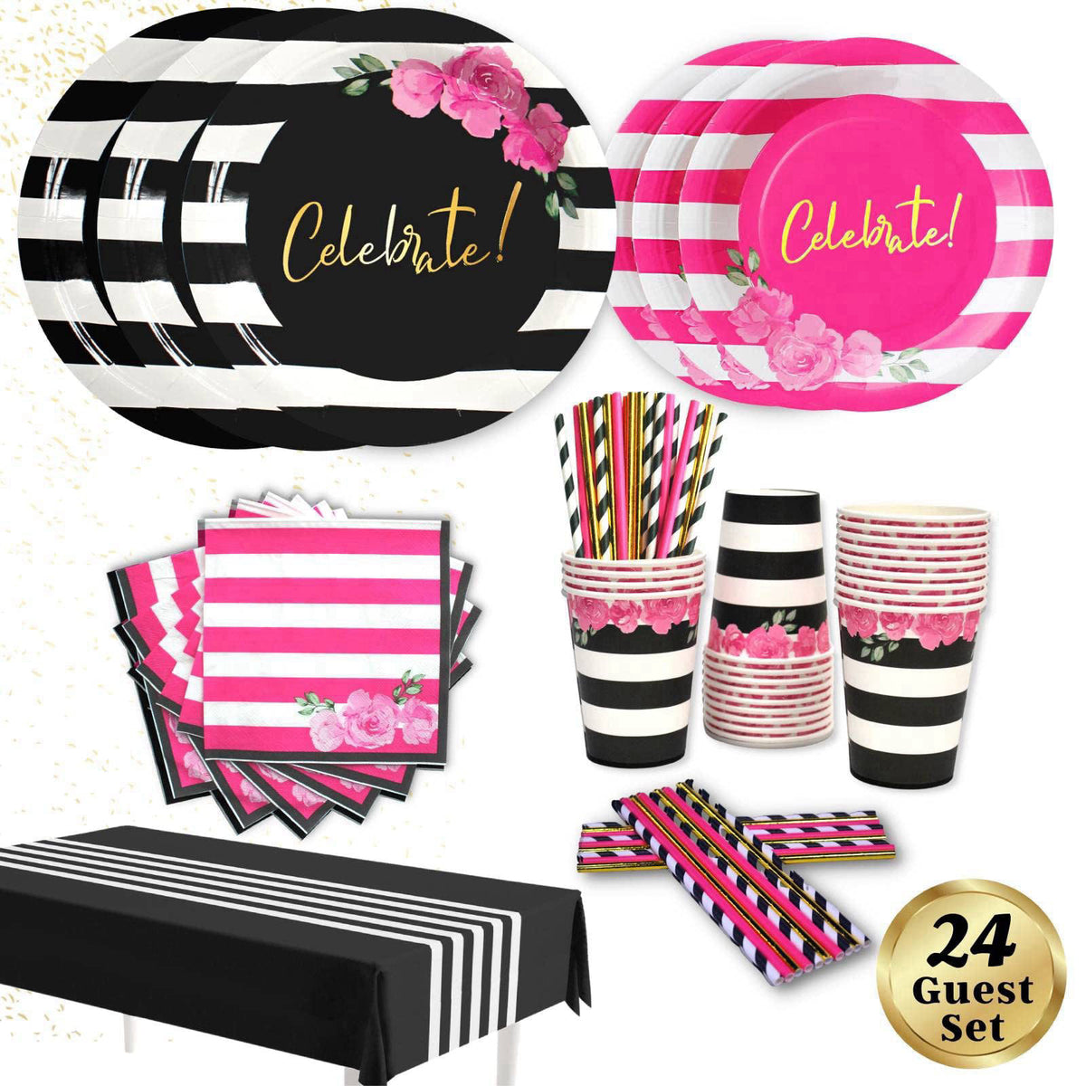 RainMeadow 121 Pc Black and Pink Birthday Decorations, Tableware Set Serves 24 – close-up detail