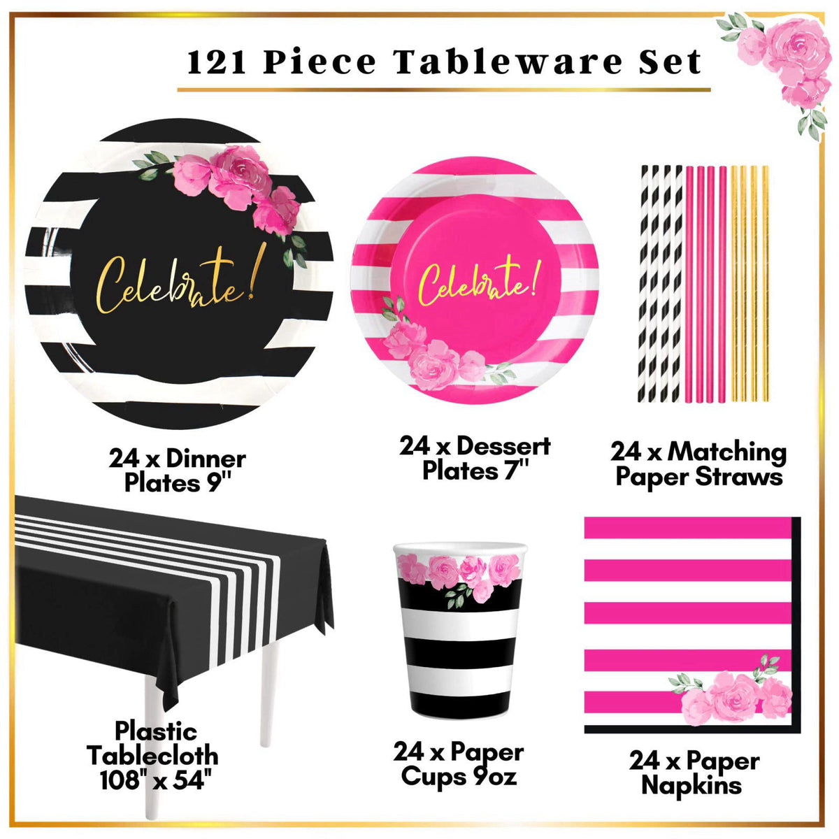 RainMeadow 121 Pc Black and Pink Birthday Decorations, Tableware Set Serves 24 – packaging and label