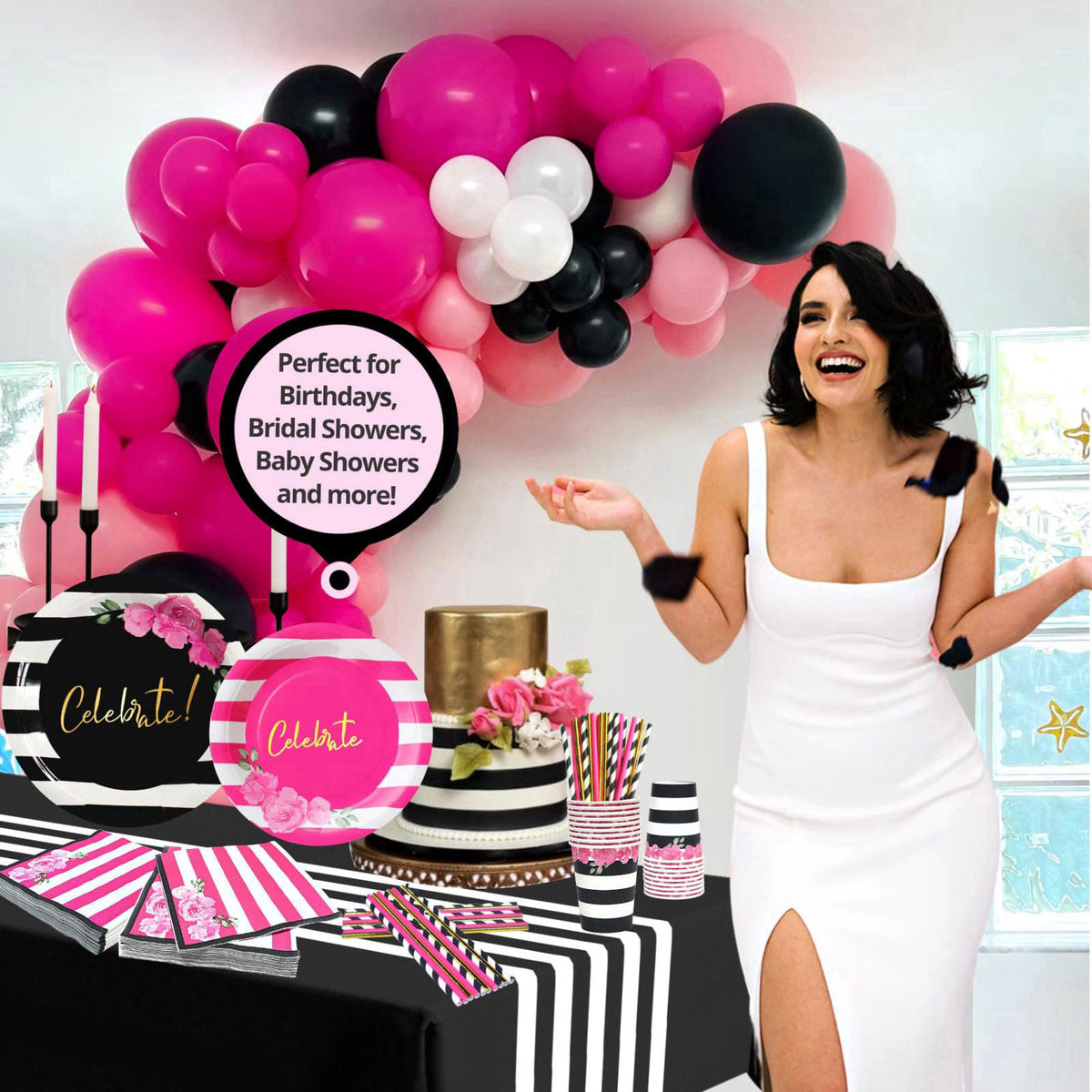 RainMeadow 121 Pc Black and Pink Birthday Decorations, Tableware Set Serves 24 – full view