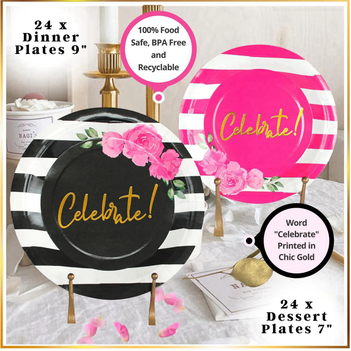 RainMeadow 121 Pc Black and Pink Birthday Decorations, Tableware Set Serves 24 – back view and specifications