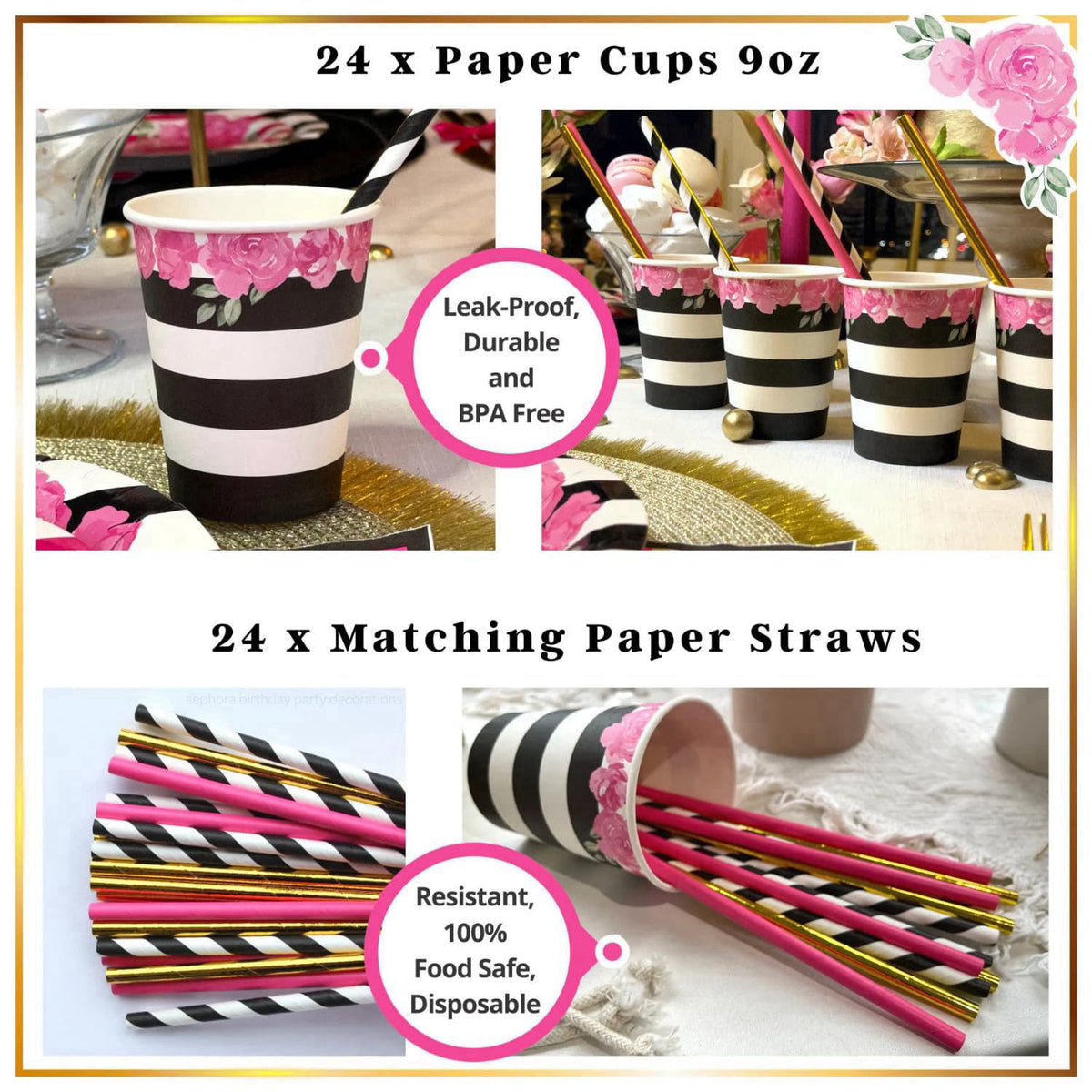 RainMeadow 121 Pc Black and Pink Birthday Decorations, Tableware Set Serves 24 – alternate angle