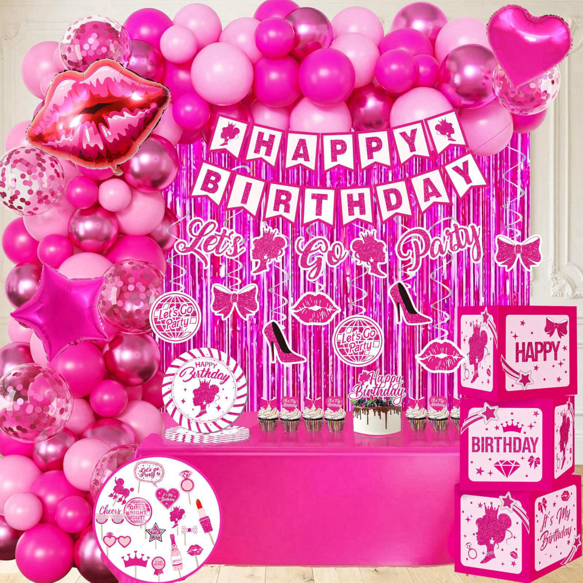 jenlion Hot Pink Birthday Party Decorations for Women Girls,Happy Birthday Banner,Hanging Swirl,Foil balloons,Party Supp