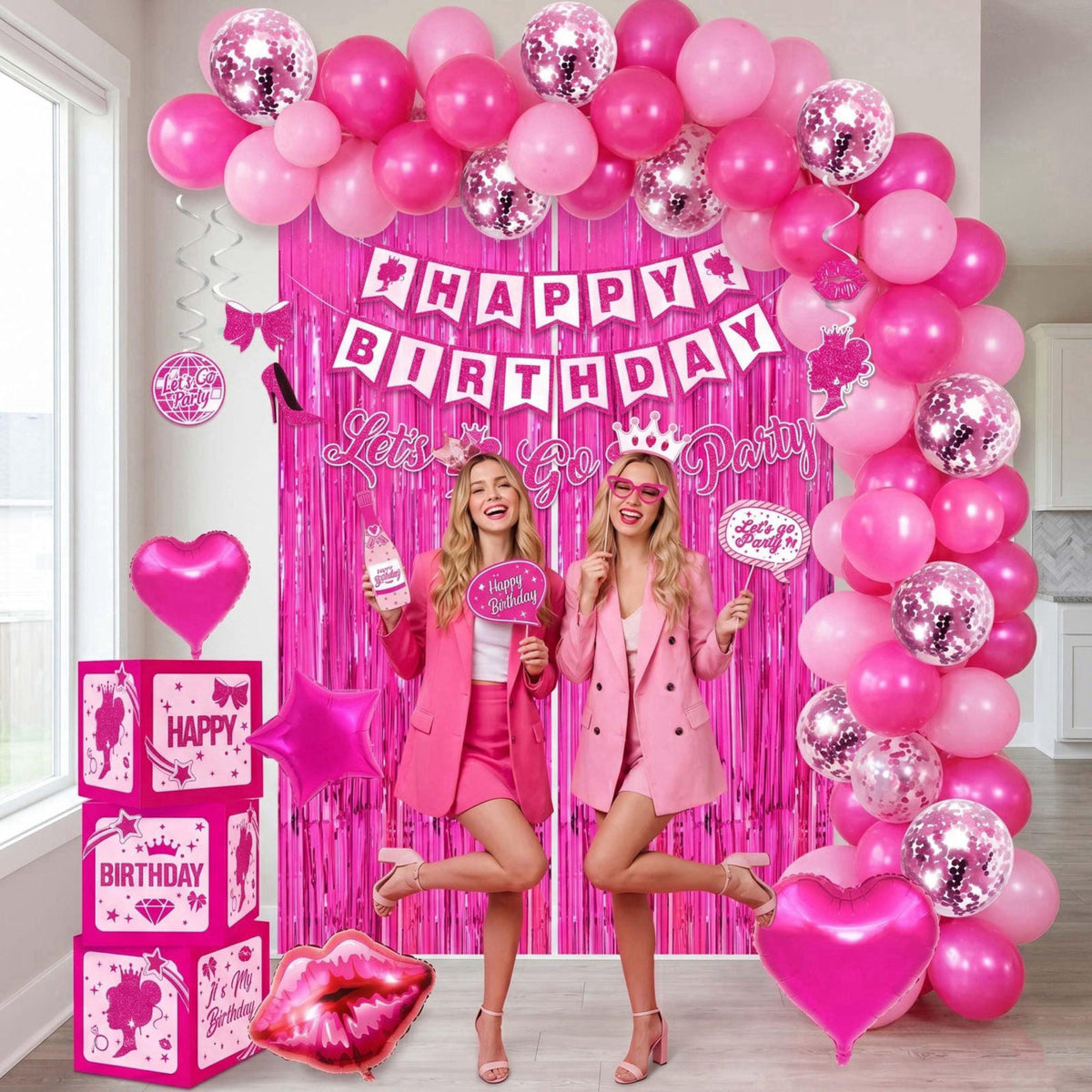 jenlion Hot Pink Birthday Party Decorations for Women Girls,Happy Birthday Banner,Hanging Swirl,Foil balloons,Party Supp