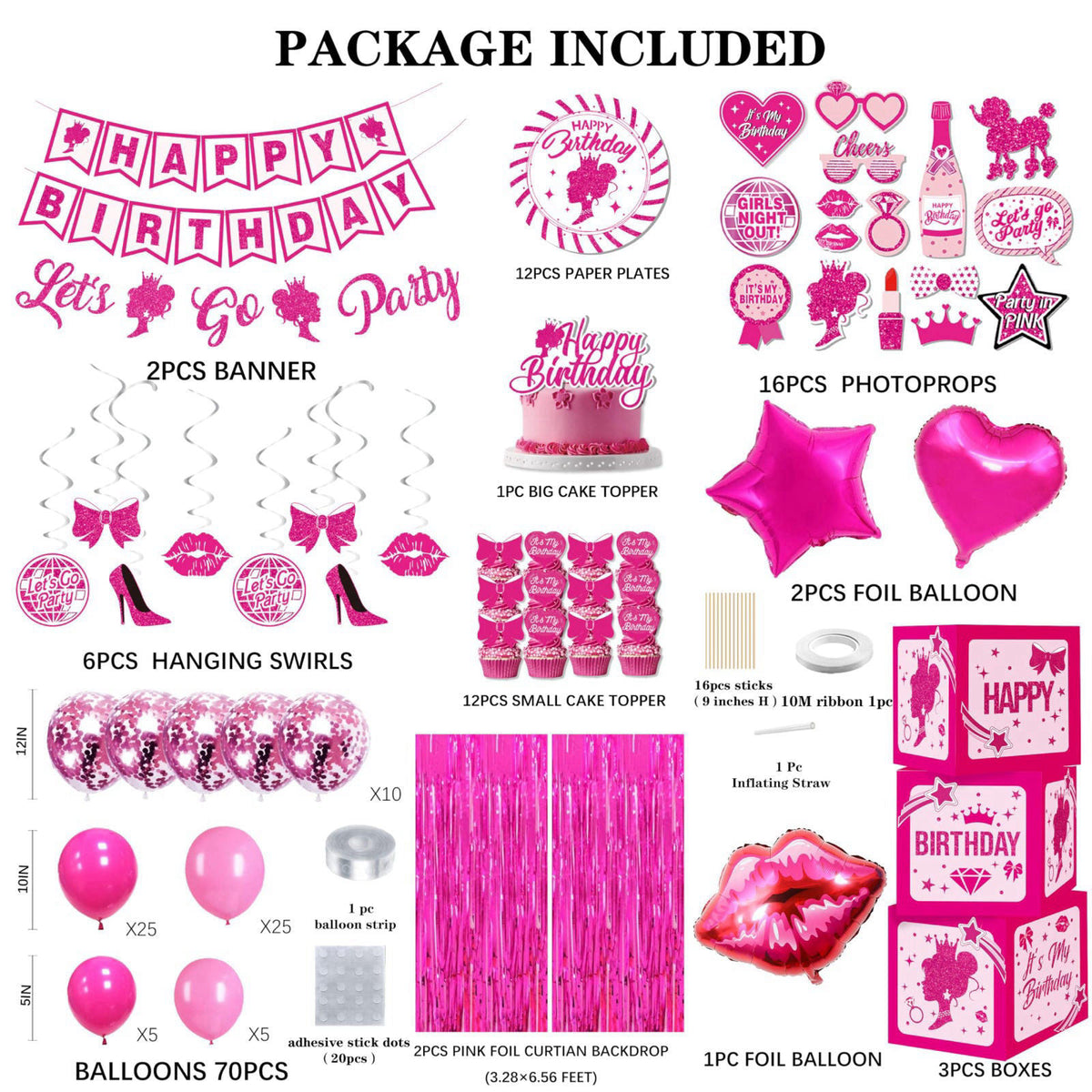 jenlion Hot Pink Birthday Party Decorations for Women Girls,Happy Birthday Banner,Hanging Swirl,Foil balloons,Party Supp