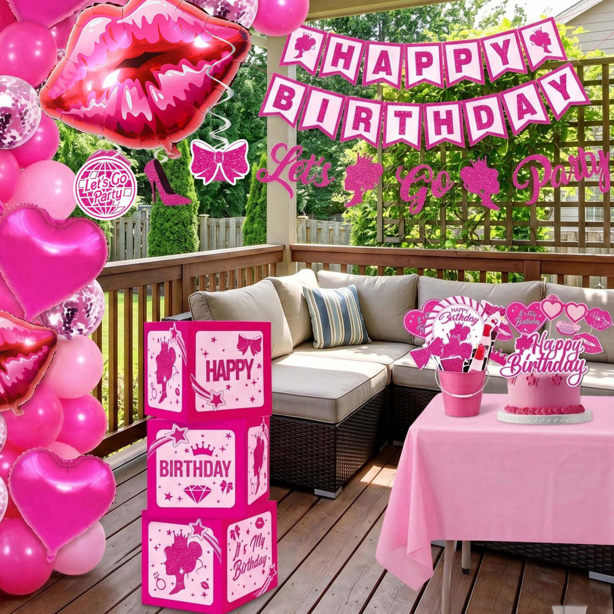 jenlion Hot Pink Birthday Party Decorations for Women Girls,Happy Birthday Banner,Hanging Swirl,Foil balloons,Party Supp