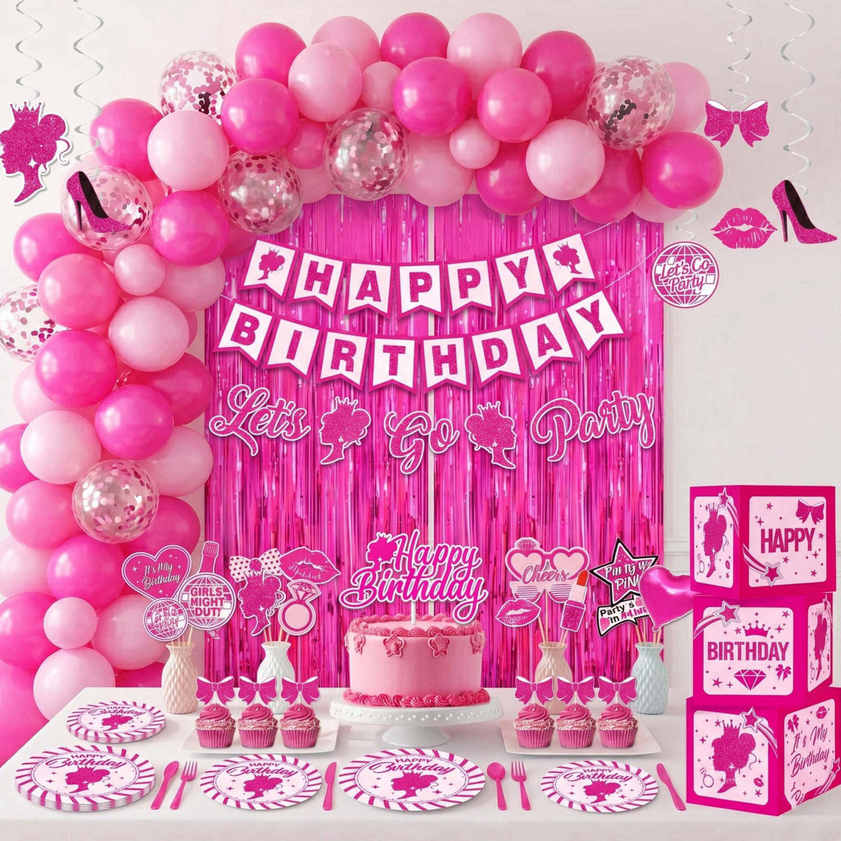 jenlion Hot Pink Birthday Party Decorations for Women Girls,Happy Birthday Banner,Hanging Swirl,Foil balloons,Party Supp