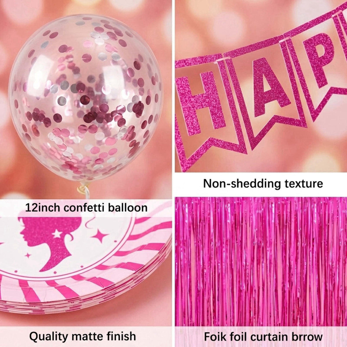 jenlion Hot Pink Birthday Party Decorations for Women Girls,Happy Birthday Banner,Hanging Swirl,Foil balloons,Party Supp
