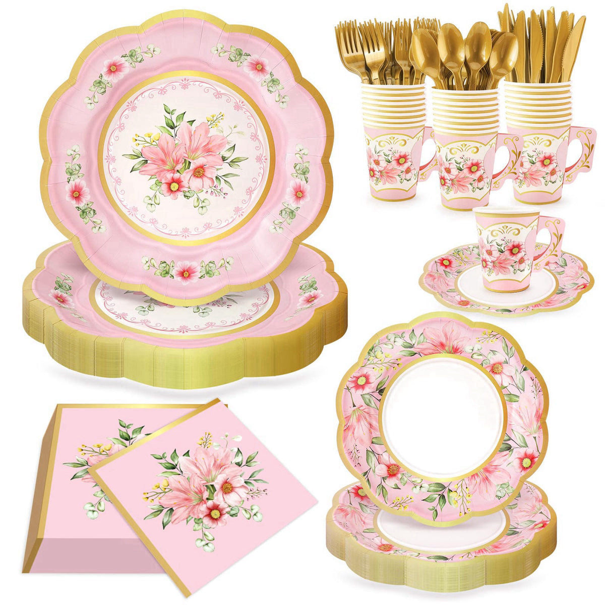 Fighting to Achieve 168PCS Flower Tea Party Supplies, Pink Vintage Floral Party Plates Set – floral 168pcs, Paper