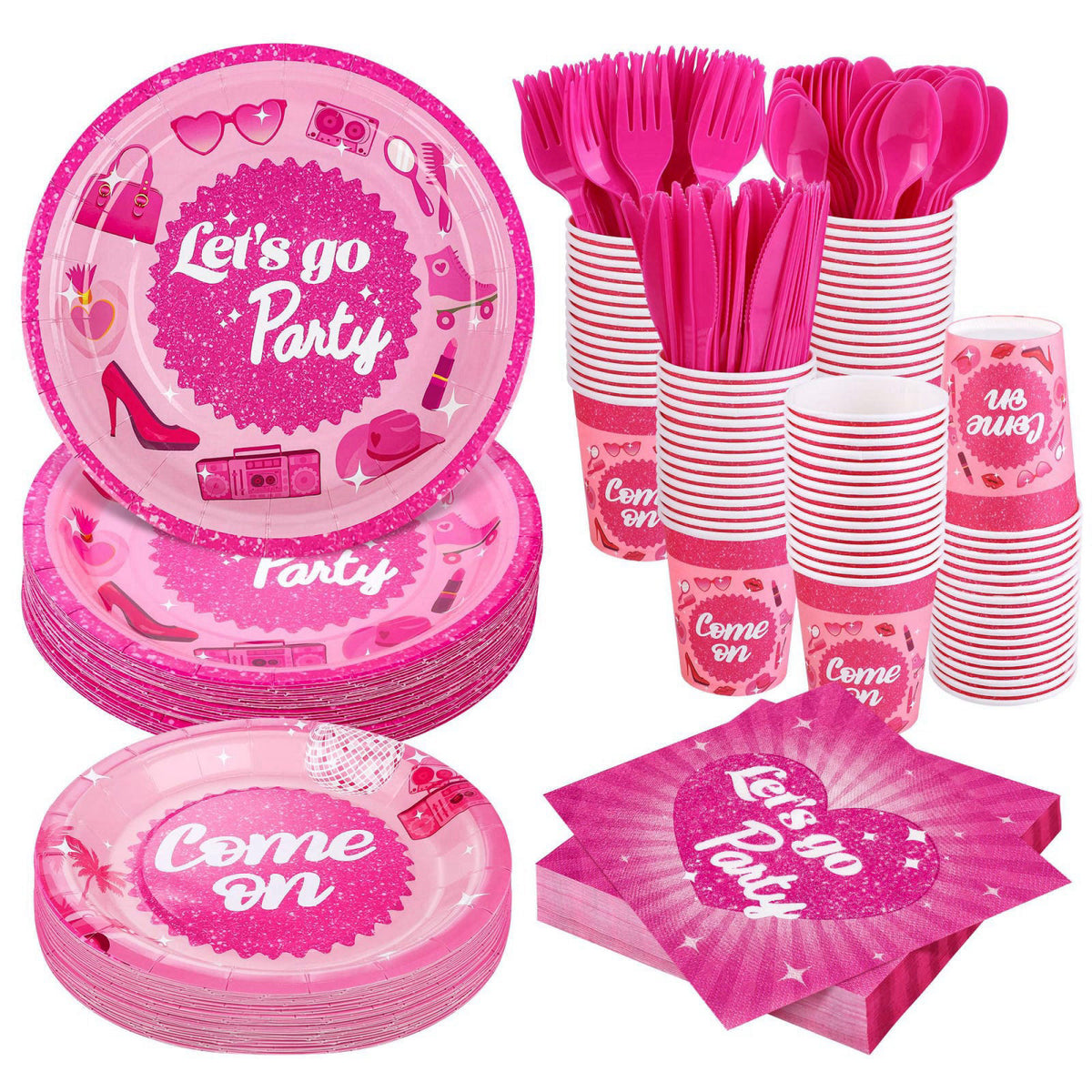 Kochorie 400 Pieces Let's Go Girls Party Tableware Sets Including Disposable Paper Plates Cups Napkins Cutlery Serves 50