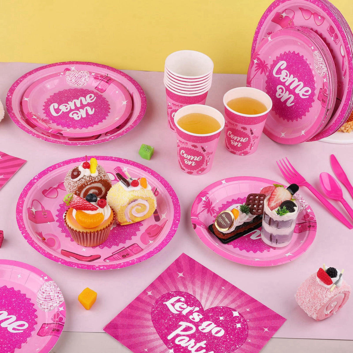 Kochorie 400 Pieces Let's Go Girls Party Tableware Sets Including Disposable Paper Plates Cups Napkins Cutlery Serves 50