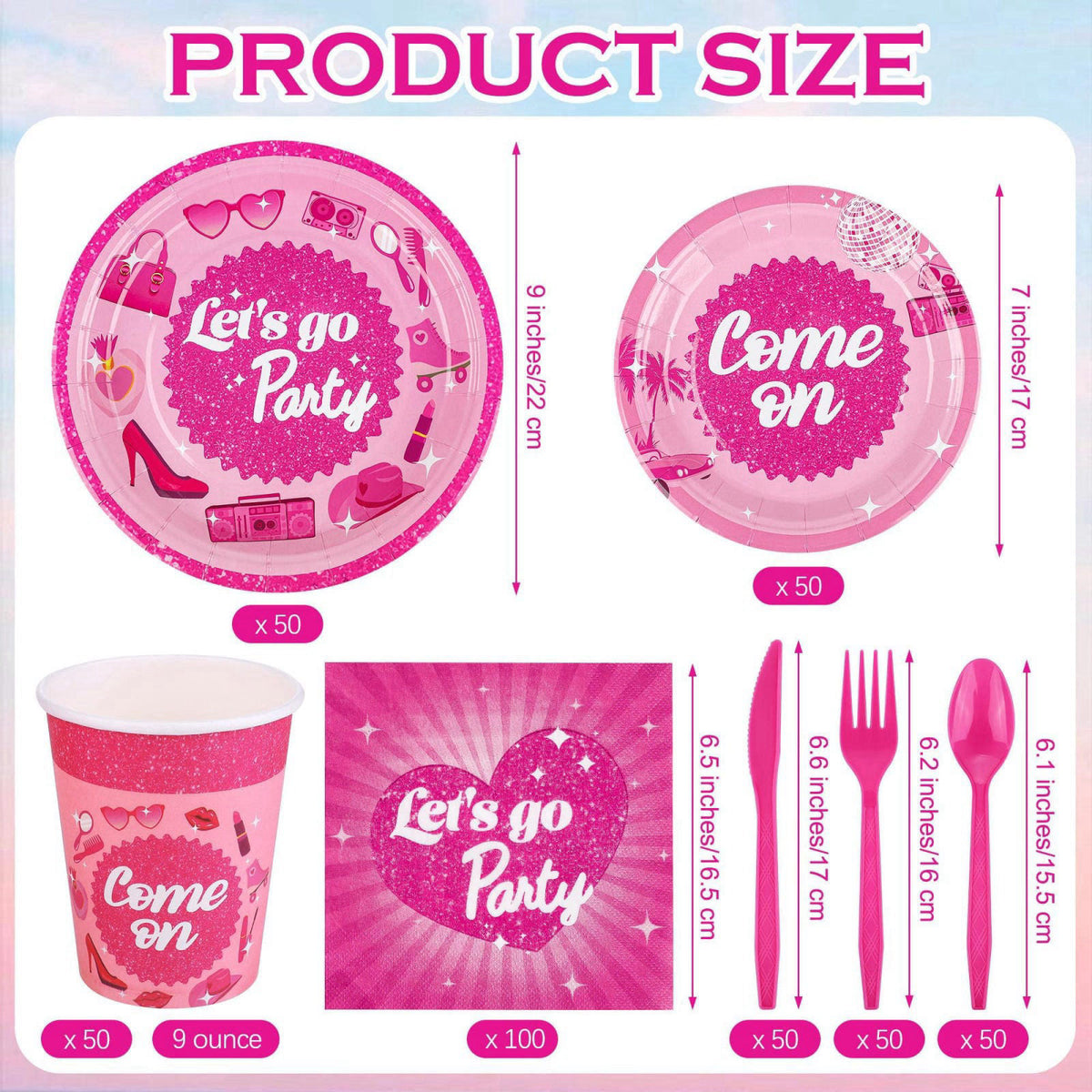 Kochorie 400 Pieces Let's Go Girls Party Tableware Sets Including Disposable Paper Plates Cups Napkins Cutlery Serves 50