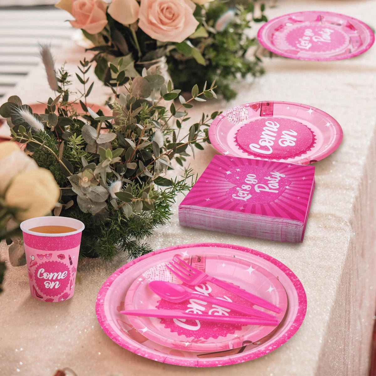 Kochorie 400 Pieces Let's Go Girls Party Tableware Sets Including Disposable Paper Plates Cups Napkins Cutlery Serves 50
