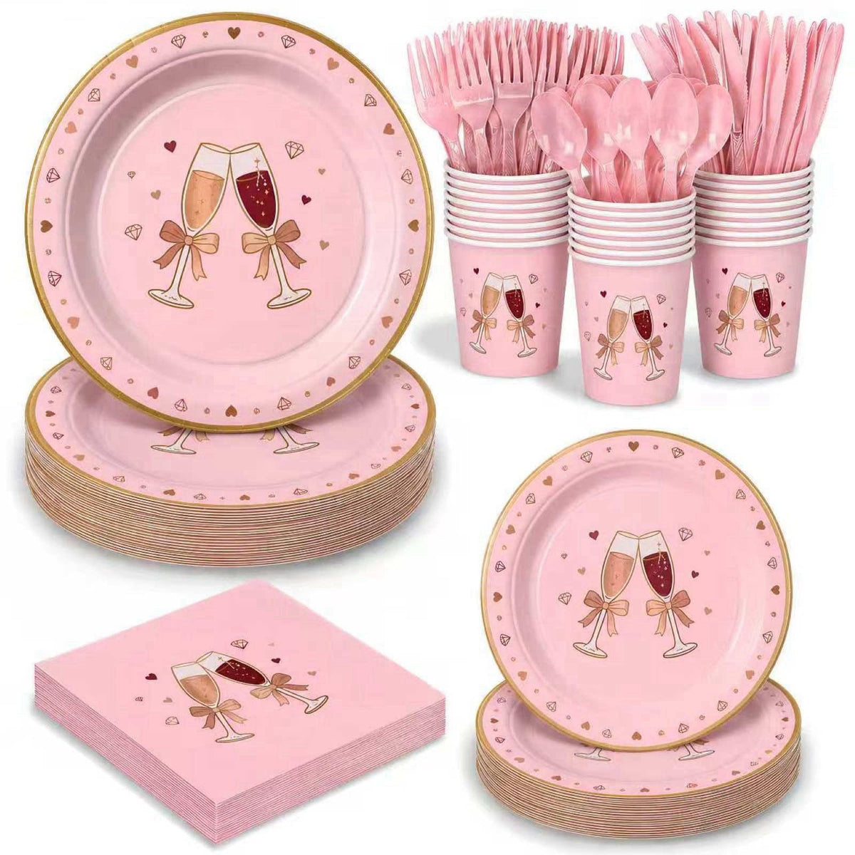 LEONGSII 168 Pcs Pink Bow Champagne Heart Tableware Set Serves 24