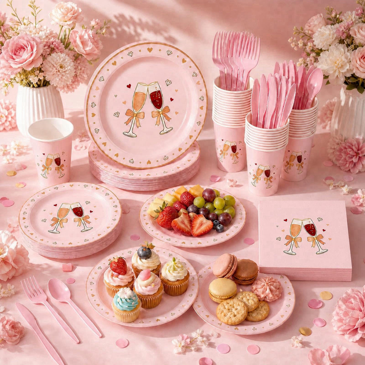 LEONGSII 168 Pcs Pink Bow Champagne Heart Tableware Set Serves 24 – product photo (Party Packs)