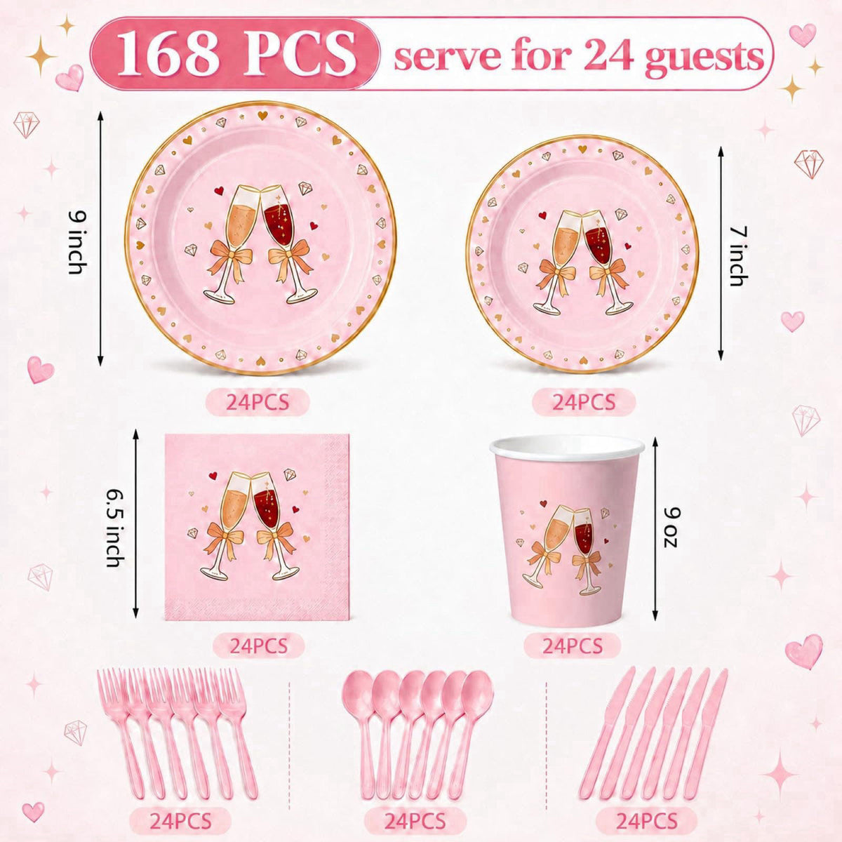 LEONGSII 168 Pcs Pink Bow Champagne Heart Tableware Set Serves 24 – close-up detail