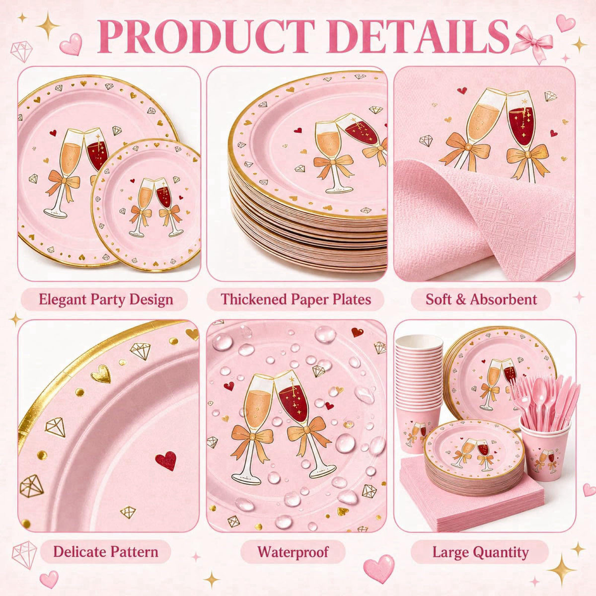 LEONGSII 168 Pcs Pink Bow Champagne Heart Tableware Set Serves 24 – packaging and label