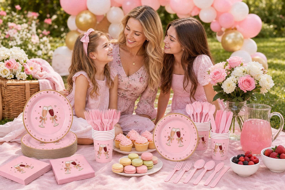 LEONGSII 168 Pcs Pink Bow Champagne Heart Tableware Set Serves 24 – full view