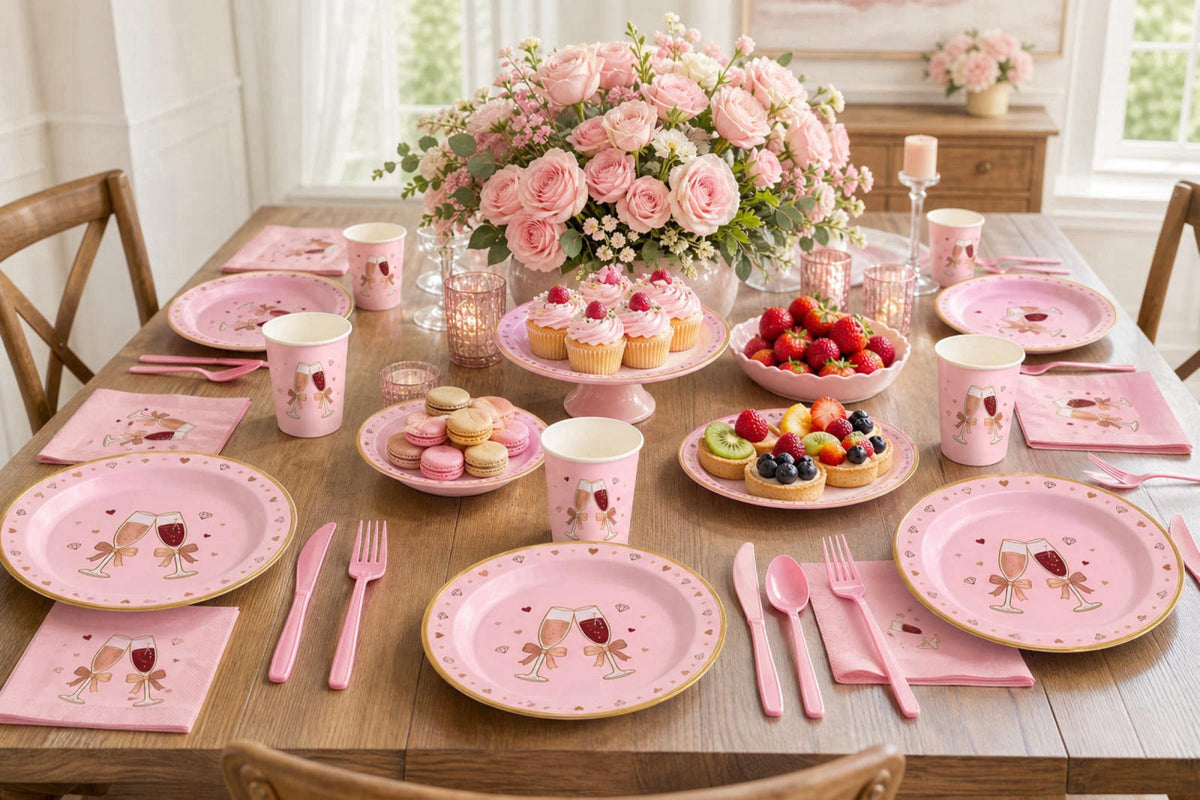 LEONGSII 168 Pcs Pink Bow Champagne Heart Tableware Set Serves 24 – back view and specifications