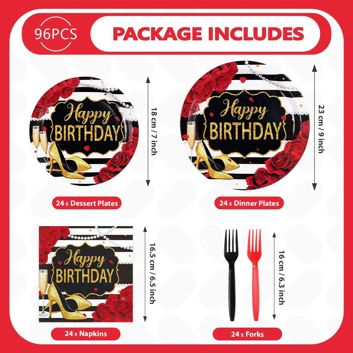 Greencian 96Pcs Red Glitter Roses Birthday Party Decorations for Women, Serves 24 – packaging and label