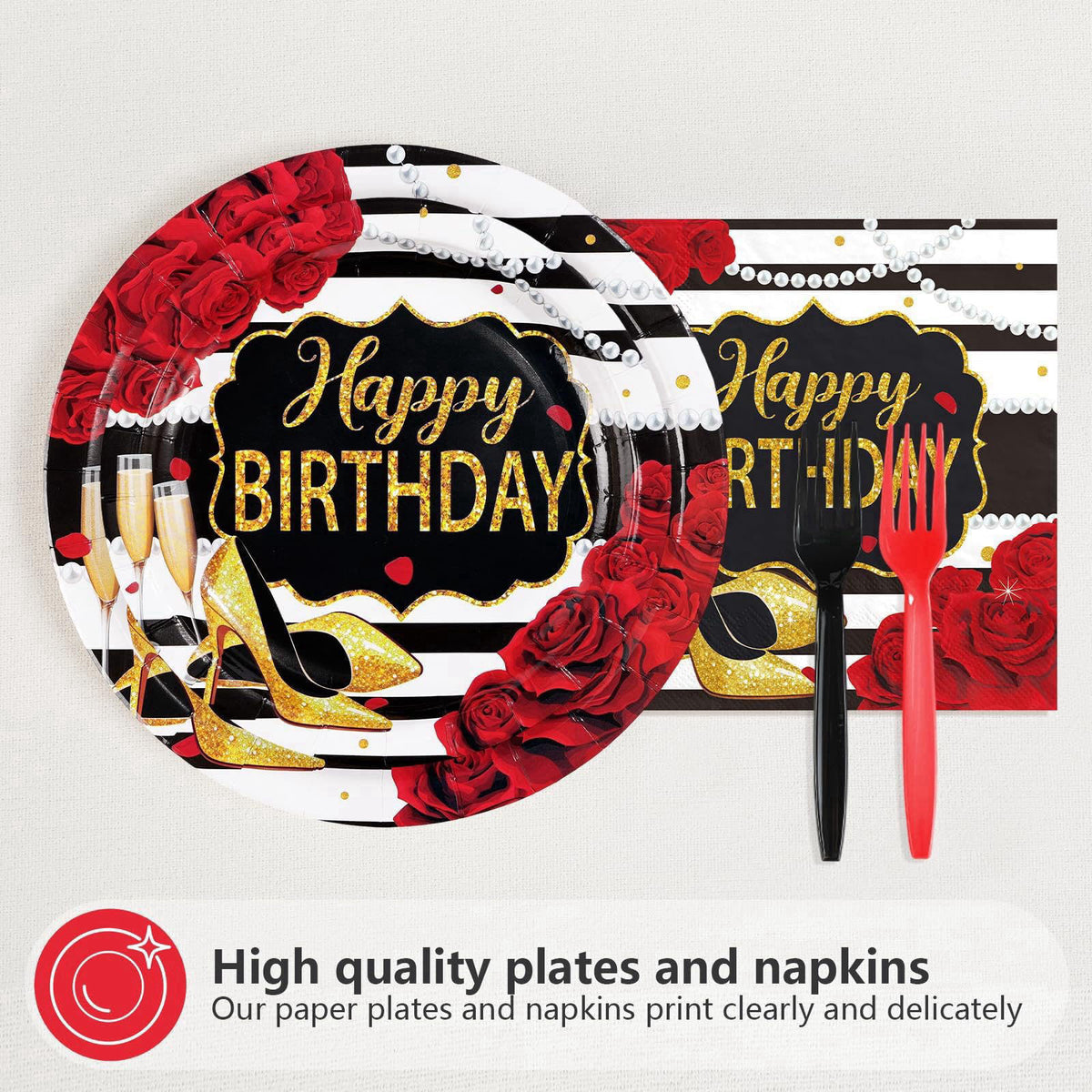 Greencian 96Pcs Red Glitter Roses Birthday Party Decorations for Women, Serves 24 – full view, size 9 inches, 7 inches