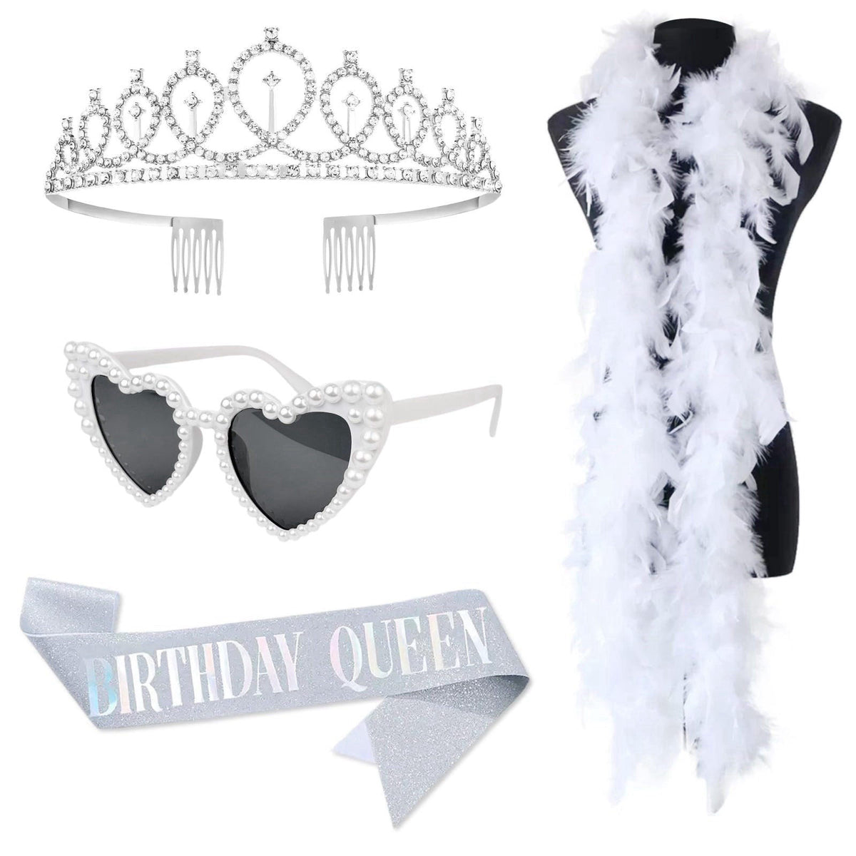 ARK Survivor Birthday Queen Party Accessories Sash and Crown For Women With Heart Glasses and Feather Boa Rhinestone Tia