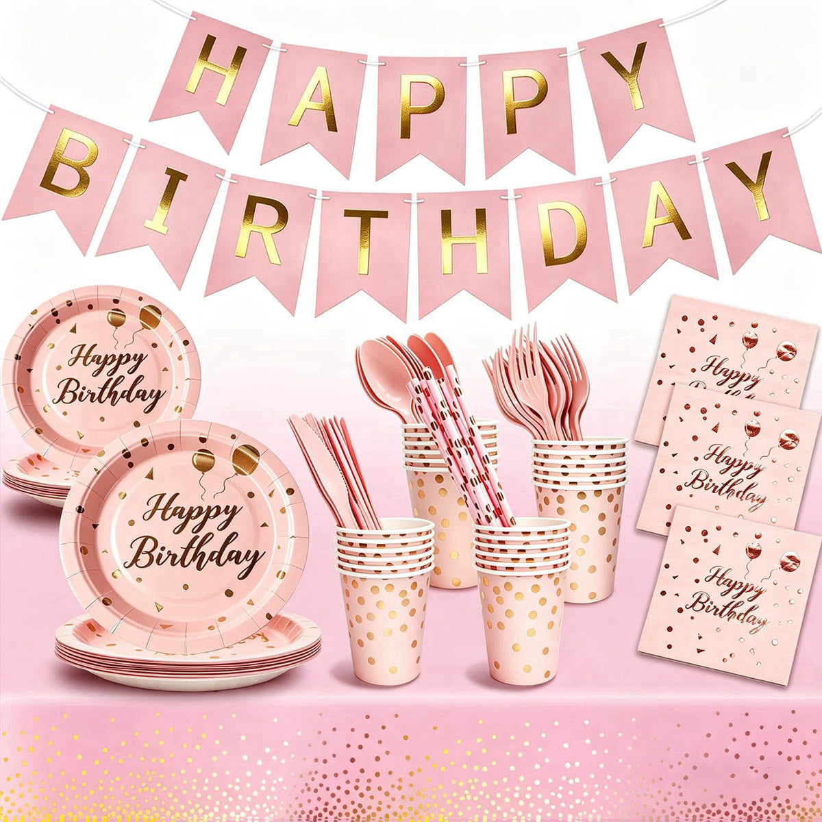 Ricalin Birthday Decorations Supplies 194 Pcs Pink & Rose Gold Birthday Party Tableware, Includes Paper Dessert Plates a