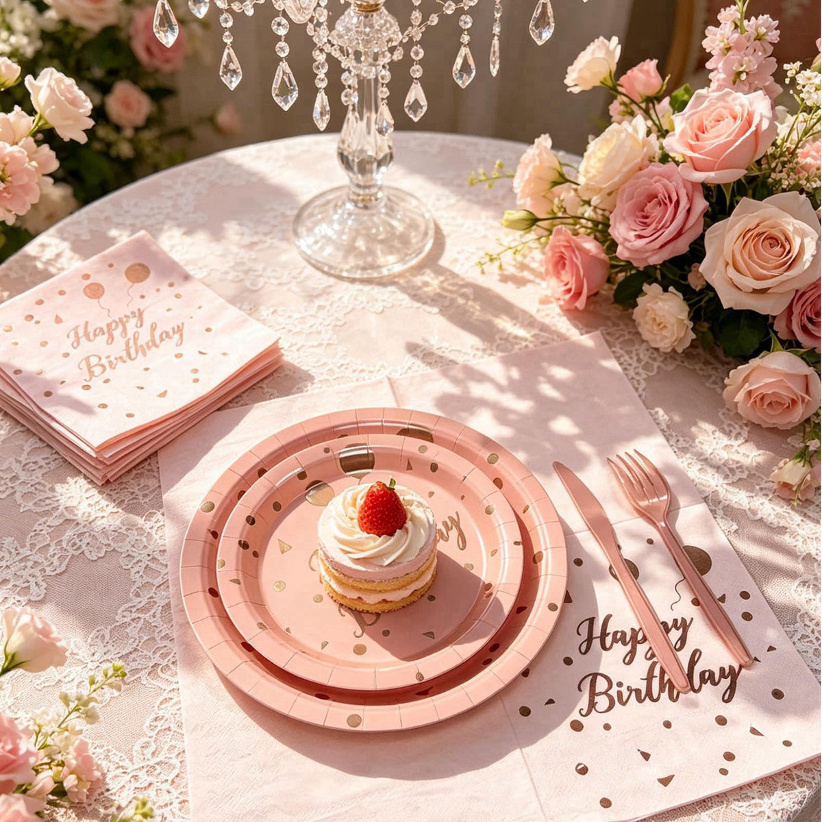 Ricalin Birthday Decorations Supplies 194 Pcs Pink & Rose Gold Birthday Party Tableware, Includes Paper Dessert Plates a