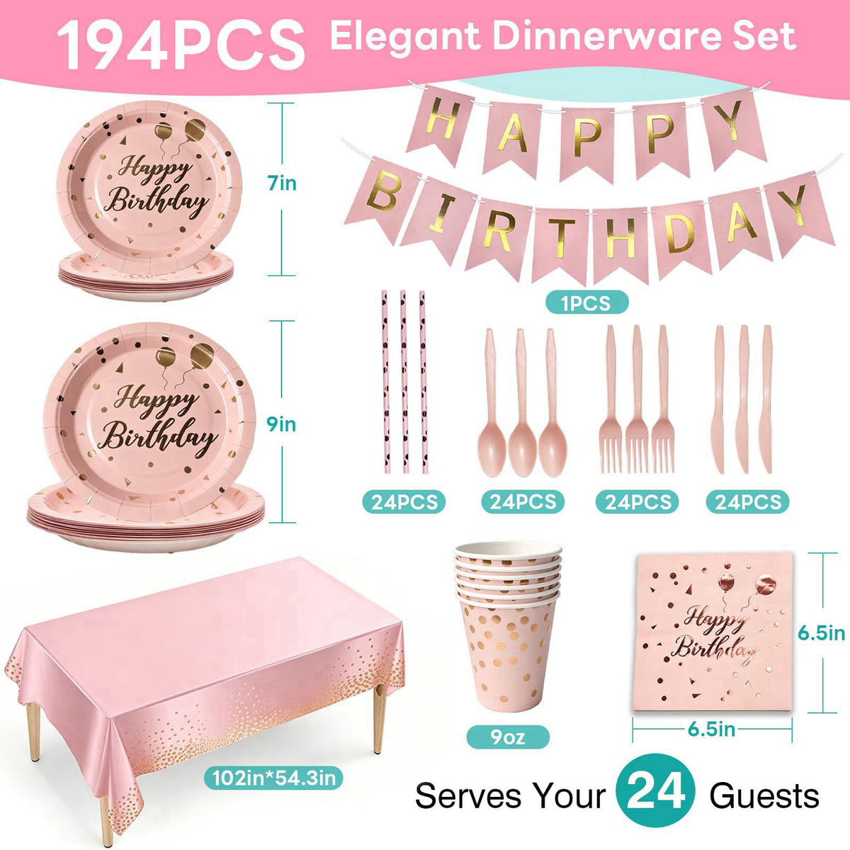 Ricalin Birthday Decorations Supplies 194 Pcs Pink & Rose Gold Birthday Party Tableware, Includes Paper Dessert Plates a