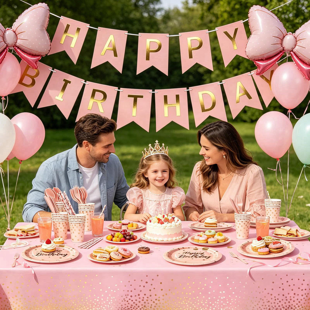 Ricalin Birthday Decorations Supplies 194 Pcs Pink & Rose Gold Birthday Party Tableware, Includes Paper Dessert Plates a