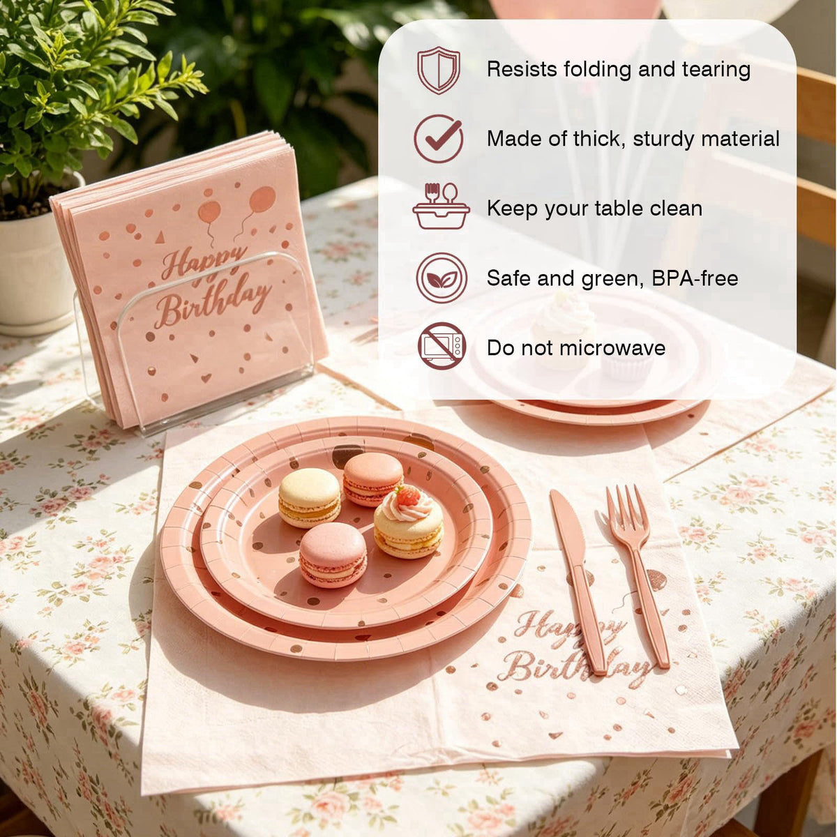 Ricalin Birthday Decorations Supplies 194 Pcs Pink & Rose Gold Birthday Party Tableware, Includes Paper Dessert Plates a